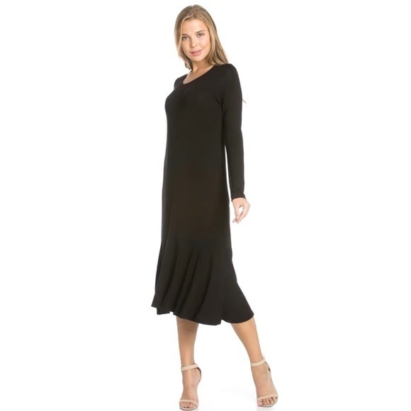 James Perse Black Ruched Long Sleeve Midi Dress